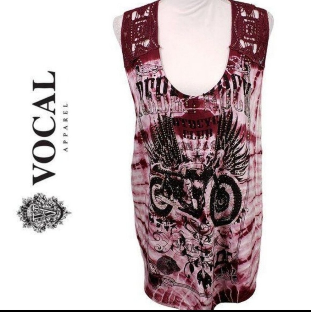 VOCAL Tie Dye Bling Motorcycle Tank Top Burgundy Crochet Back Size M